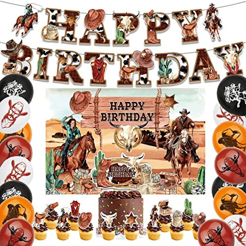 Western Cowboy Geburtstag Party Dekorationen Set mit Western Cowboy Thema Happy Birthday Banner Ballon Kuchen Topper Cupcake Topper Hintergrund für Western Cowboy Party Supplies