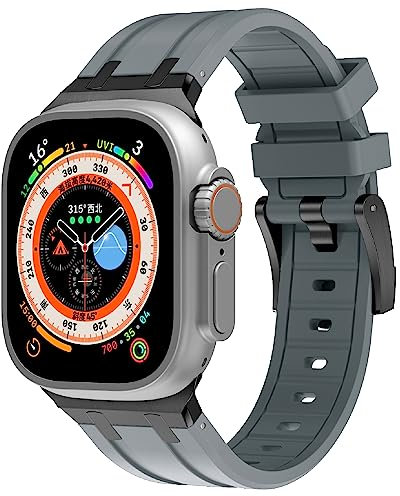 VeveXiao Bracelet robuste de luxe compatible avec Apple Watch Ultra Band 49mm 45mm 44mm 42mm, bracelet de rechange étanche en silicone pour iWatch Series 8 7 6 5 4 3 2 1 SE, Noir gris