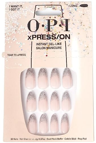 OPI xPRESS/ON I Want It, I Got It | Faux ongles press-on argent pailleté, longs, forme amande, french manucure | Avec colle pour ongles | Longue tenue, réutilisables, respectueux des ongles.