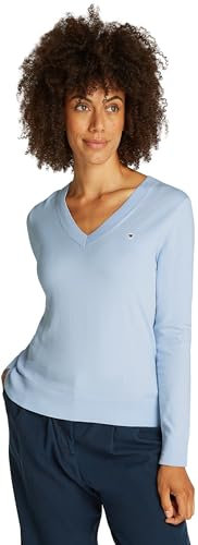Tommy Hilfiger Damen Pullover Jersey V-Neck Strickpullover, Blau (Breezy Blue), XXS