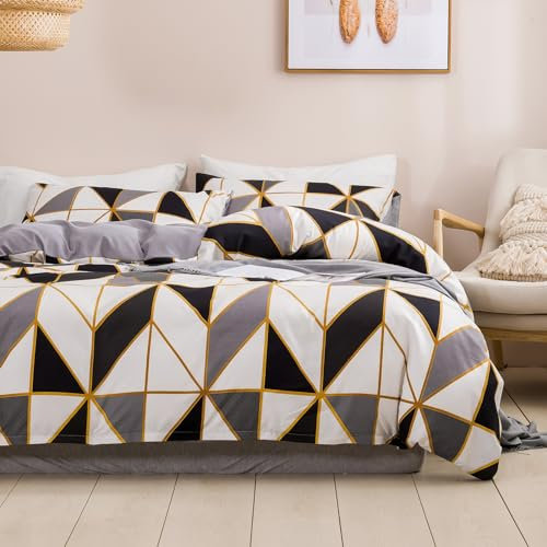 WUMIUER Geometrische Bettwäsche 200x220 Set 3 Teilig - Schwarz Grau Viereck Dreieck Muster Wendebettwäsche, 1 Bettbezug 200x220cm und 2 Kissenbezüge 80x80cm aus Leicht Weich Mikrofaser