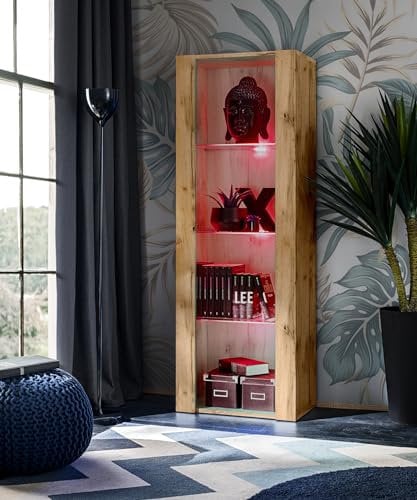 Komodee Vitrine Schrank Tivoli, Wotan/Wotan, Breite 55cm x Höhe 159cm x Tiefe 35cm, LED RGB, 3 Regalböden, für Wohnzimmer, Schlafzimmer, Eingang