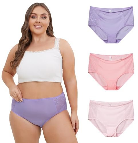 INNERSY Shorty Femme Grande Taille Slip Dentelle Élégant Culotte Taille Haute Microfibre Lot de 3 (52-54, Violet/Rose/Rose Clair)