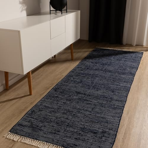 benuta Basic Baumwollteppich Tom - Dunkelblau 80x250 cm - Handgewebter Wohnzimmer Teppich - 100% Recycelte Baumwolle - Für Fußbodenheizung geeignet