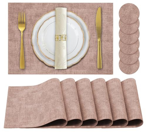 JUCCWARM Tischsets aus Kunstleder, hitzebeständig, leicht zu reinigen, rutschfest, wasserdicht, schmutzabweisend, abwischbar, waschbar, PU-Tischsets, 6 Stück, Rosa