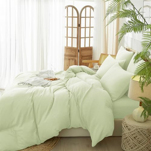 Gezu Housse de Couette Coton 220x240cm 100% Coton Vert Clair Parure de Lit Adulte2 Personnes Naturel Gaze de Coton Super Doux Respirant Linge de Lit avec Fermeture Éclair avec 2Taies d'oreiller 65x65
