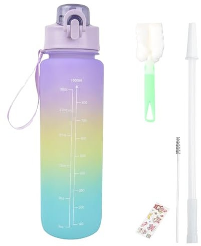Anseom 1L Wasserflasche mit Strohhalm, Sport-Wasserflasche mit Zeitmarkierungen, BPA-freier Kunststoff, Trinkflasche für Mädchen und Jungen, motivierende, auslaufsichere Wasserflasche für