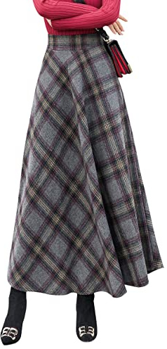 Beeblily Jupe longue d'hiver femme taille haute élégante carreaux maxi jupe vintage taille élastique jupes plissées, 1920 Gris, L