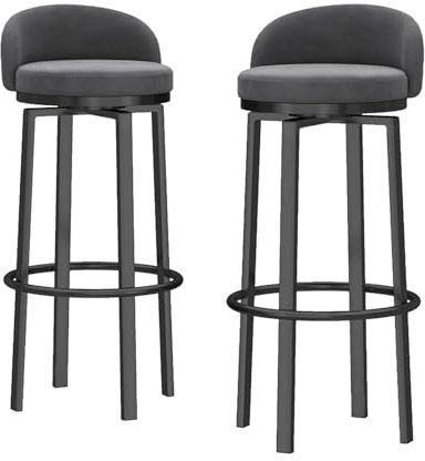 Juego de 2 taburetes de bar modernos de terciopelo con asiento giratorio y respaldo bajo, sillas de cocina sin brazos, altura de encimera de cocina con patas de metal, color gris (altura del asiento