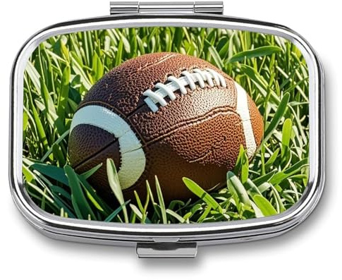 Pillendose mit 2 Fächern, quadratisch, Motiv: brauner Fußball, Grün von Gras, für Tasche, Geldbörse, tragbar, für Reisen, Medizin, Tablette, Vitaminhalter, Organizer, Mini-dekorative Pillendose
