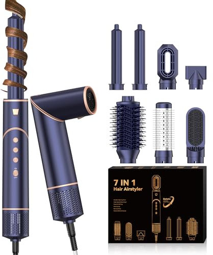 UKLISS 7 in 1 Pro Airstyler & Ionen Haartrockner High Speed 110,000RPM Föhn Set mit Luft-Lockenstab Föhnbürste Rundbürstenföhn Lockenbürste Hairstyler Stylingbürsten Geschenk Set für Frauen, Blau