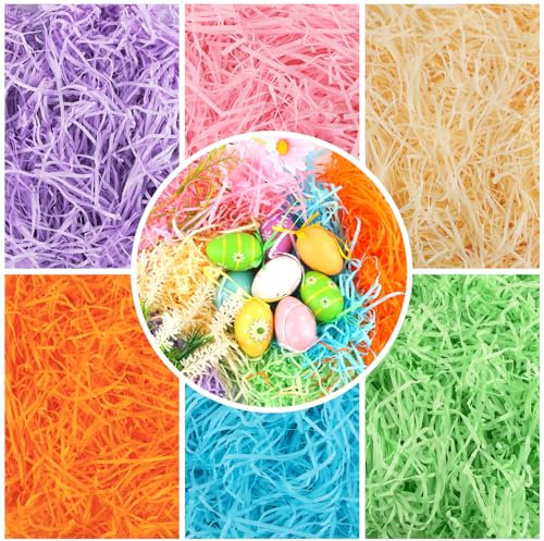 Fausse Herbe Paques Couleurs 6, Dwafill 300g Raphia Déchiqueté, Raffia Jaune, Herbe de Paques, Papier Remplissage Cadeau, pour Décorer Cadeaux Emballage, Paniers et Boîtes