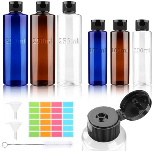 TXXATX 6 Pièces Flacon Voyage Flacon Voyage Avion 100 ml Flacon Vide Voyage 250 ml Contenant Voyage Transparent Bleu Marron avec Entonnoir Réutilisable Flacon Avion pour Shampoing Gel Douche Travel