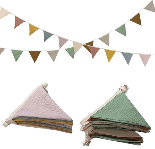 Yicoovey Set of 2 Morandi Bunting (236 cm) - Eco Cotton Decoration for Baby/Nursery Pastel Rainbow & Grey Green Decorative Chain for Photo Backgrounds & Birthday Parties