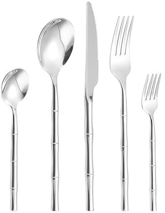 Genérico Juego de Cubiertos de Plata de Ley 925, 5/20/30/40/50/60 Piezas, de Acero Inoxidable 304, con Mango de Cuchillo, Tenedor y Cuchara, Plateado (6 Unidades)