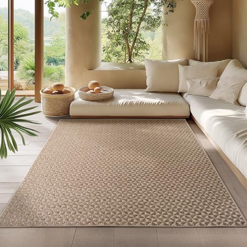 HomebyHome In- & Outdoor Teppich Beige 240x340 cm Läufer, Wetterfest & UV-beständig, Ideal für Küche, Balkon, Terrasse, Wohnzimmer und Esszimmer, Karo-Design im Boho-Stil