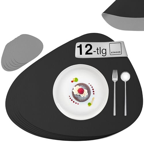 SÄNGER | Untersetzer & Platzsets abwaschbar aus Kunstleder 12 teilig, Platzdeckchen Tischuntersetzer für 6 Personen-rutschfest doppelseitig wasserdicht- Tischset Untersetzer Hellgrau Schwarz 44*37cm