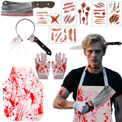 Moerstar 5Pcs Halloween Butcher Costume, Mens Horror Halloween Costume Set with Apron Gloves Headbands Chef Knife Tattoo Stickers Butcher Outfits Fancy Dress