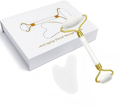 Gua Sha steine gesichts Jade Stein Herzform Guasha Board Kratz-Massage Tool für Gesicht, Augen, Hals zur Hautpflege (Weiß Roller And Gua Sha)