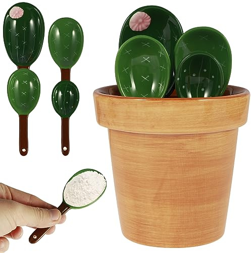 5PCS Ceramic Cactus Measuring Spoons Set in Pot Organizer,Ceramic Cactus Set,Polygon Measuring Spoon,Cute Measuring Cups and Spoons Set for Kitchen,Dry,Wet Measurement,Liquid (Solid Color)
