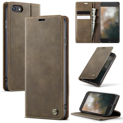 Cracedily Wallet Case for iPhone SE 3/2 Leather Wallet Flip Cover with Card Holder, Kickstand, Magnetic Closure, RFID Blocking TPU Shockproof Phone Case Compatible with iPhone 8/7/6, Coffee