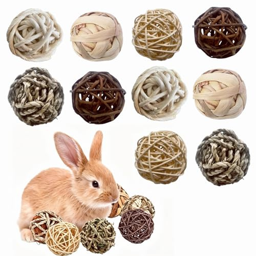 TCETCY Lot de 10 Balles à Mâcher pour Lapins et Petits Animaux Jouets en Osier pour Hamsters Jouets pour Petits Animaux Balles en Herbe pour Hamsters, Lapins, Cochons d'Inde, Chinchillas (5-6 cm)
