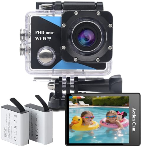 Nvgfelis Action Cam 1080P mit WiFi 30M Unterwasserkamera Wasserdicht Ultra HD,Telecamera Moto,Action Camera Con batteria ricaricabile da 2 x 1050 mAh e Set di accessori