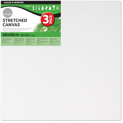 Daler-Rowney Simply Stretched Canvas, Medium Grain, 250 gsm, 16mm Deep, 16 x 16in - 40 x 40 cm, White, 3 Pack