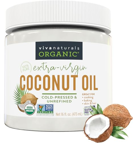 Viva Naturals Organic Coconut Oil, 16 fl oz – Unrefined, Cold-Pressed Extra Virgin Coconut Oil, USDA Organic & Non-GMO, Natural Cooking Oil, Hair Oil & Skin Oil