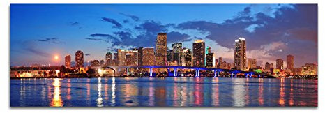 Paul Sinus Art Panoramabild auf Leinwand und Keilrahmen 150x50cm Miami Skyline Wasser Spiegelung Dämmerung