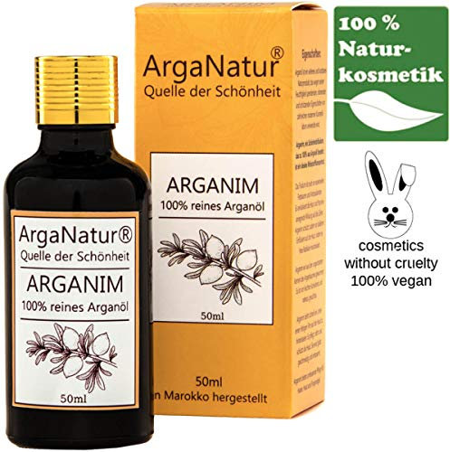 ArgaNatur Arganim | Argan-Öl Kosmetik für Haut und Haar | 50ml |Tropfer | 100% Rein | Anti-Aging Serum Organic | Tieversuchfrei | Cruelty Free | Naturkosmetik |Gut geschüzt durch Braun-Glas