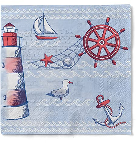 Sovie HORECA Tissue Serviette MEERESBRISE, 33x33cm, 1/4 Falz, 100 Stück, maritime Designelemente wie Segelschiff, Steuerrad, Anker und Seemöwen in Blau – ideal für Gastronomie und Veranstaltungen