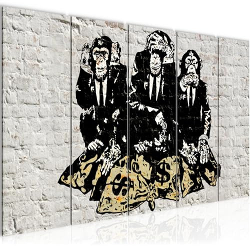 Runa Art Wandbild XXL Street Art Affen Loft Wohnzimmer 200 x 80 cm Grau 5 Teilig - Made in Germany - 303455a