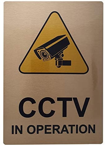 METAL A6 CCTV In Operation Sign Aluminium Brushed GOLD Warning Safety Security Camera Recording Door Notice School Office Restaurant WITH IMAGE