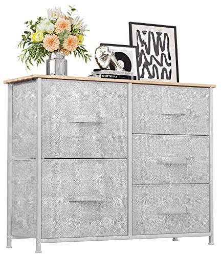 YITAHOME Kommode mit Schubladen, Schrank mit 5 Schubladen aus Stoff, Aufbewahrungskommode Industrial Stil für Schlafzimmer, Wohnzimmer, Kinderzimmer, Flur, Aufbewahrungsschrank (Hellgrau)