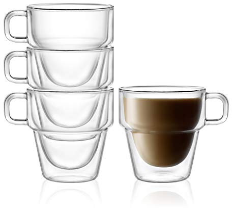 Stoiva Doppelwandige Isolierbecher Kaffeebecher - 12oz Gläser Set mit Henkel Ideal für heiße und kalte Getränke Große Tassen Kaffee, Latte, Cappuccino, Tee Stapelbar, Schlankes, modernes Design 4er