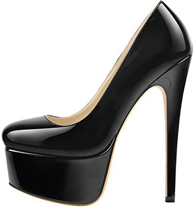 MissHeel Women's Closed Toe Slip-on High Heel Pumps Round Toe Stiletto High Heels Patent Leather Sexy Platform Court Shoes Black Size 8