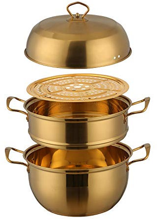 SUNSENGEUR 3 Tier Premium Heavy Duty Stainless Steel Steamer Pot Set Includes 2 Tier Cooking Pot, 1 Steaming Septa and Pot Lid | Stack, Steam Pot Set for All Cooking Surfaces -Gold