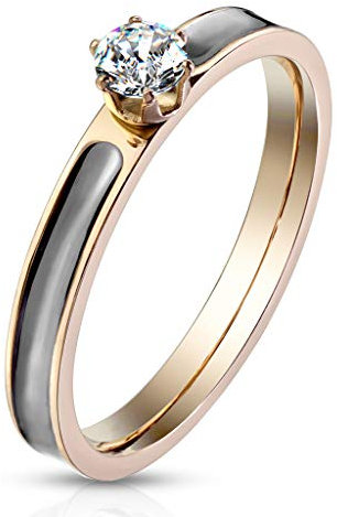 Paula & Fritz® Ring Damen Zirkonia klar 316L Chirurgenstahl Größe 54 (17,2) Rosegold-schwarz Verlobungsring Partnerring Ehering Damenring Solitärring