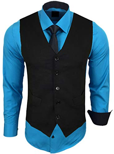 Baxboy Herren Hemd mit Weste Krawatte Anzugs Sakko Business Hochzeit Freizeit Hemden Frack Herrenweste Set wählbar B-44-HWKR, Farbe:Türkis, Größe:XXL