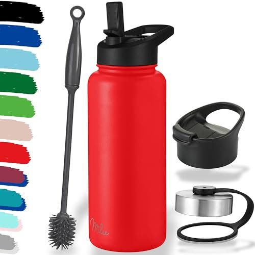 Milu Botella de agua de acero inoxidable, 500, 750, 1000ml (+3 tapas), termo con pajita, botella de agua aislada, botella aislante a prueba de fugas, apta para carbona, (rojo 1000 ml)