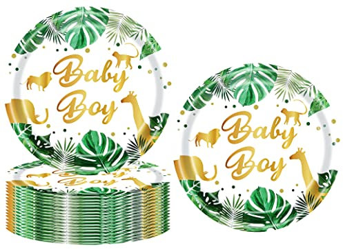 24 Pcs Baby Shower Tableware Plates,Safari Animal Jungle Baby Boy Party Supplies,7 Gold Foil Safari Jungle Animals Paper Plates,for Jungle Theme Baby Boy Birthday Party Tea Party Decorations