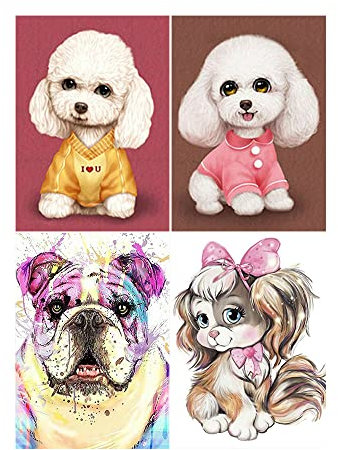 Rond Lot de 4 Diamants DIY 30x40 cm Canevas à Diamanter Enfant Chien Peinture diamant Chien Chihuahua Bouledogue YorkieTableau en Perle Chien Petit Point de Croix Peinture Numero Adulte Animaux