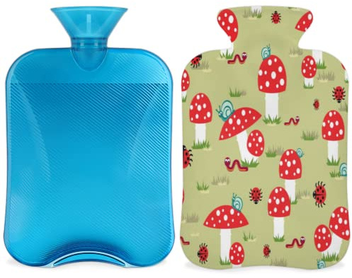 Red Mushroom Snails Hot Water Bottle with Cover 2L, Cute Mushroom PVC Hot Water Bag for Hand Feet Warmer, Pain Relief,Hot Compress and Cold Therapy