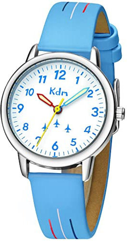 KDM Kinderuhr Mädchen Jungen Lernuhr Kinder Armbanduhr Analog Quarz Leder Leuchtend Wasserdicht Uhr Zeit Lehrer, Geschenke für Kinder 3-12 Jahre, Hellblau