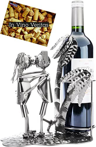 BRUBAKER Weinflaschenhalter Liebespaar mit Palmen - Metall Flaschenhalter Urlauber Paar am Strand - 24 cm Flaschenständer Dekoration mit Grußkarte - Wein Geschenk zum Valentinstag
