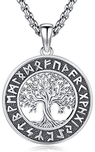 Eusense Viking Baum des Lebens Halskette 925 Sterling Silber Baum des Lebens Anhänger Kette Wikinger Rune Kreis Kette Amulett Nordic Viking Schutz Schmuck Geschenk für Damen Mädchen