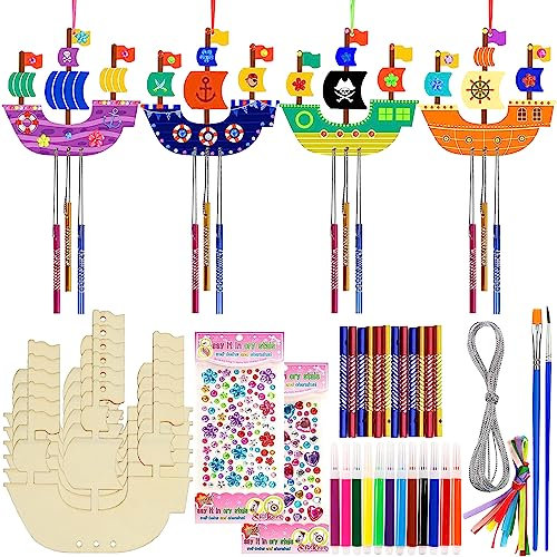 Zeuwets Piratenschiffe Windspiel Bastelset 10 Stück Holz Piratenschiff Bastelset Kinder Holz Segelboot Set DIY Holzbastelsets Klangspiele Basteln Holz Kunsthandwerk für Geburtstag