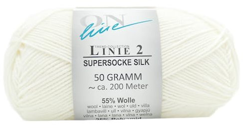 Online Garne Linie 2 Supersocke Silk | weiße Sockenwolle mit Seide und Merinowolle | Sockengarn 4fädig (4fach, 4ply) | 55% Wolle, 25% Polyamid, 20% Seide | Strumpfwolle 50g 200m (01 weiß)