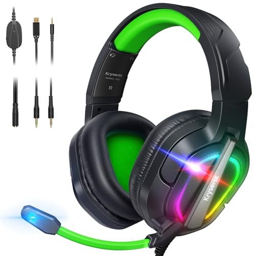 Krysenix PG2 RGB Gaming Headset für PS4, PS5, PC, Nintendo Switch, Xbox, Headset mit Mikrofon, Gaming Kopfhörer mit Mikrofon, Noise Cancelling Kopfhörer mit 3.5mm Klinke Schwarz/Grün